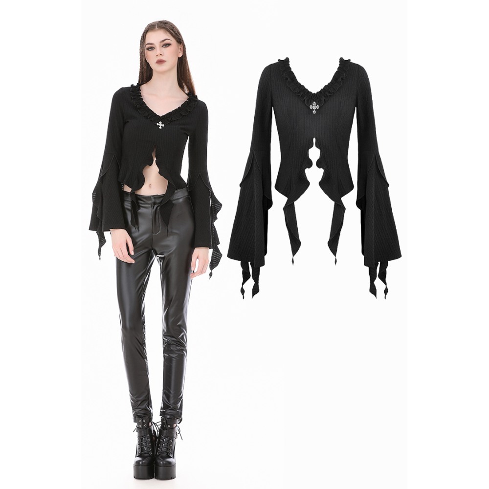 Dark in Love - Gothic Cross Decor Irregular Split Ruffled BellSleeve Knit Longsleeve top - Black
